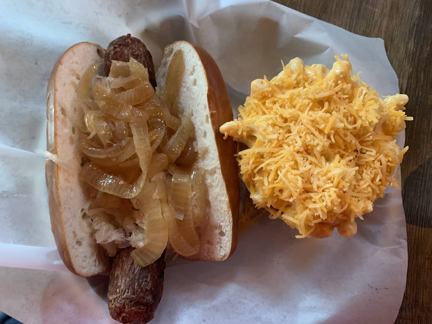 The Bravarianwurst from Richmond Brat Haus with and upgraded side of mac & cheese.