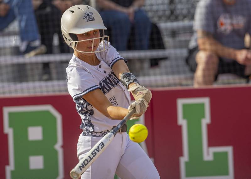 Gianna Cellini of Kaneland High School connects with a pitch during the game against LaSalle Peru High School on April 28, 2025 at the LaSalle Peru High School Sports Complex.