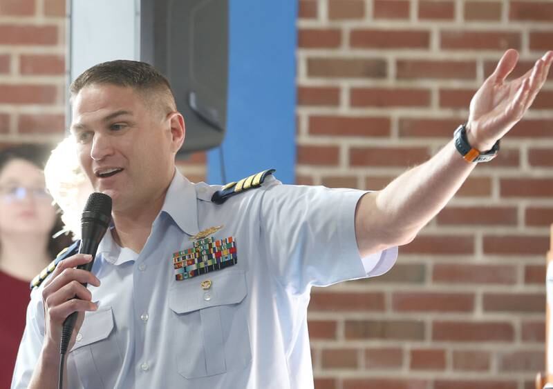 Matt Saldivar, commander for the United States Coast Guard, speaks to students at Lincoln School on Tuesday, Nov. 11, 2025 in Princeton. Saldivar is from San Diego and is now stationed at Coast Guard headquarters in Washington DC.