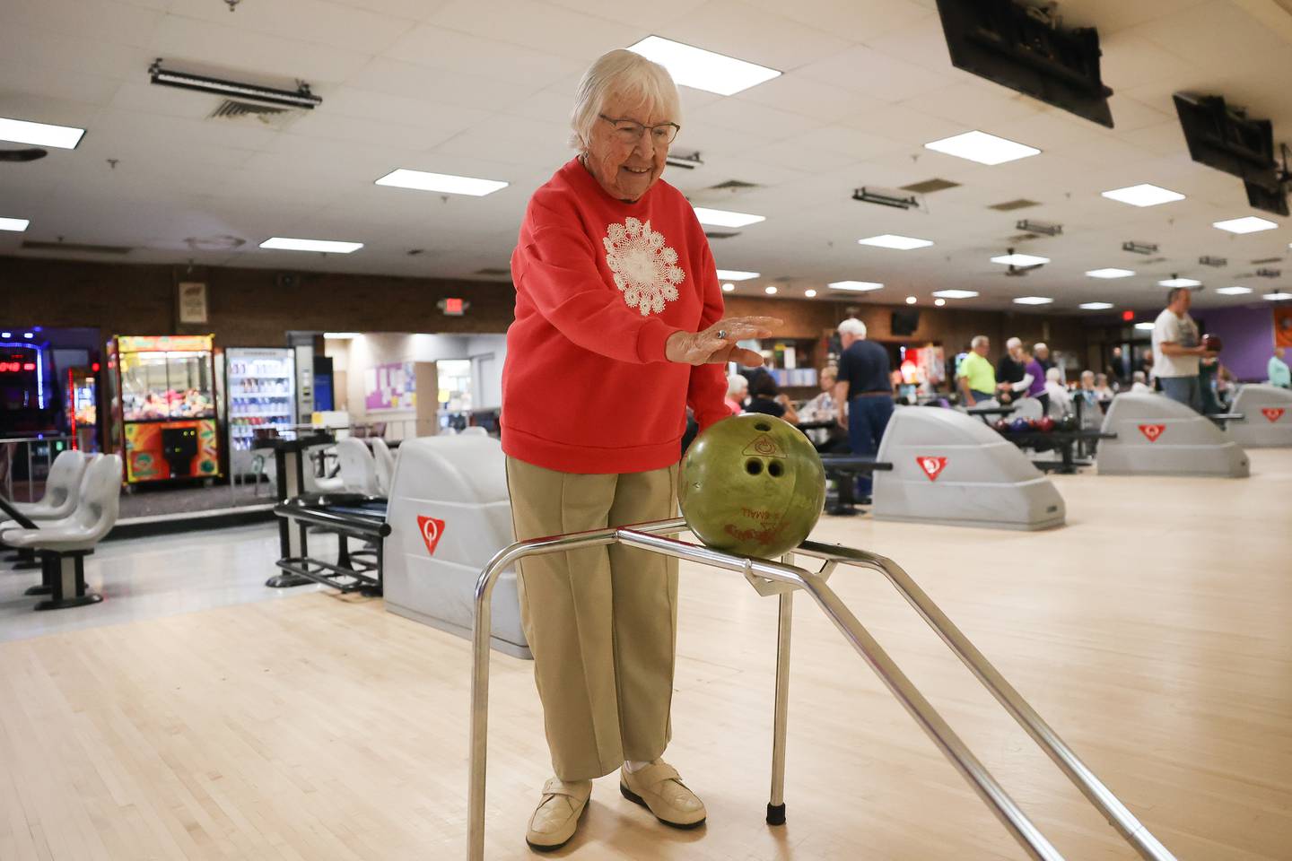 Betty Orlando does a round of bowling at Laraway Lanes on Monday, Oct. 30, 2023 in New Lenox. Betty, who turns a 100 in December, and her late husband Mike started Monday Senior Bowling Night in 1980.