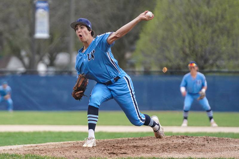 Lake Park's Lewis Slade (16) delivers a pitch against Geneva during a baseball game at Geneva High School on Wednesday, April 17, 2024.