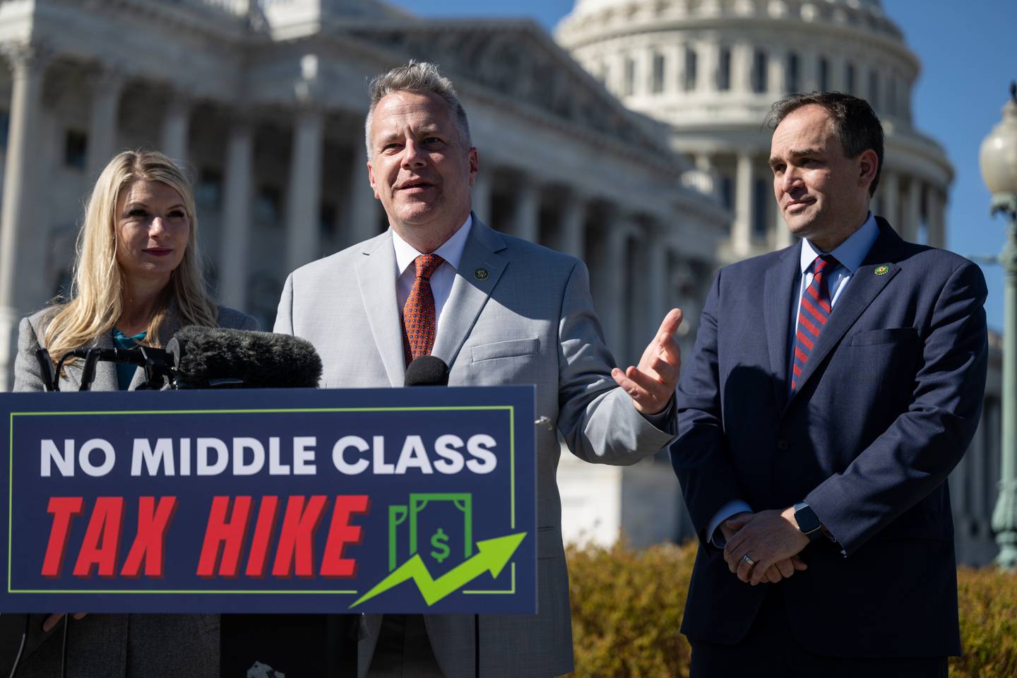 U.S. Rep. Eric Sorensen, center, appears with fellow House Democrats Brittany Pettersen of Colorado and Wiley Nickel of North Carolina in stating their opposition to a national sales tax.