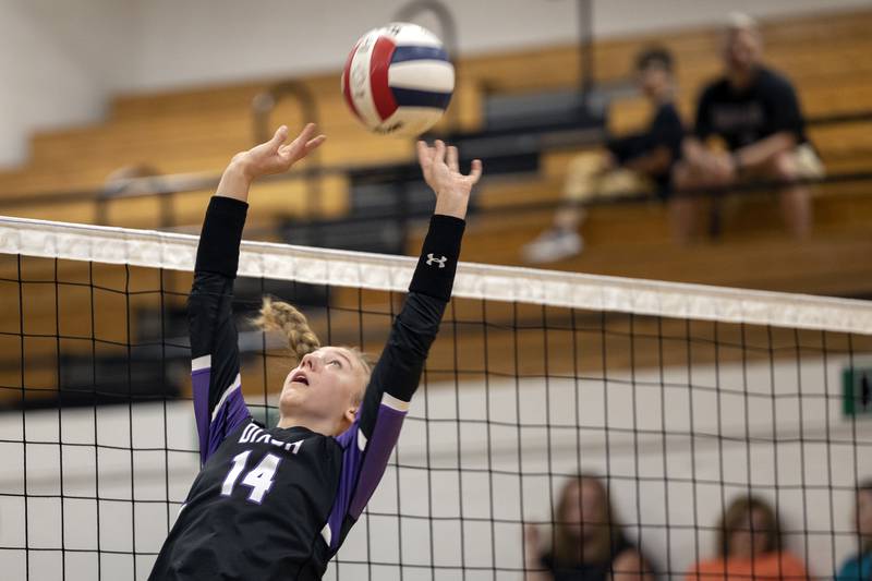 Dixon’s Leah Carlson sets the ball back Thursday, Sept. 19, 2024, in a Big Northern Conference match at RFHS.