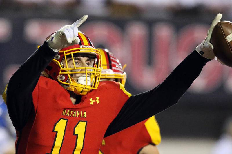 Batavia's Eric Peterson (11) celebrates his touchdown during their 2017 IHSA state championship 7A football game on Saturday, Nov. 25, 2017 at Huskie Stadium on the campus of Northern Illinois University in DeKalb.