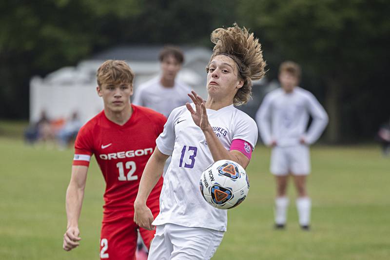 Dixon’s Robby Ramirez works the ball against Oregon’s Gavin Morrow Monday, Sept. 11, 2023 in Oregon.