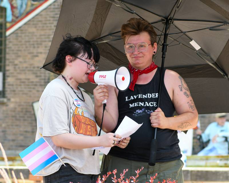 Eil Marbutt, 18, of Cortland and nonprofit Youth Outlook, speaks during a Trans Resilience Rally on Sunday, June 22, 2025, held at Memorial Park in downtown DeKalb. Organizers said the rally was to show public support for people they believe are unjustly and harmfully targeted under President Donald Trump's policies.