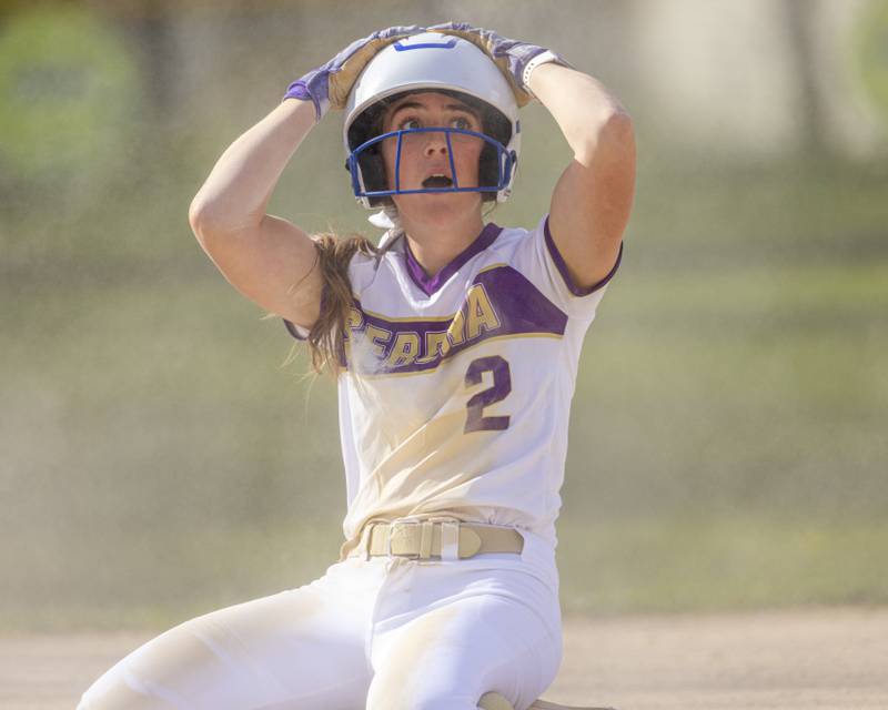 RayElle Brennan of Serena High School reacts to being thrown out at third after trying to extend a double in the first inning during the game on April 29, 2025 at Newark High School.