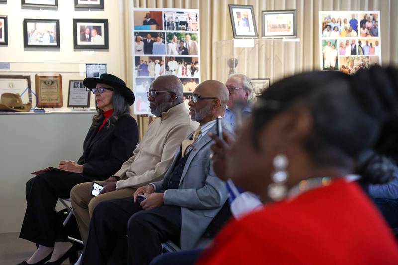 Longtime friends of the late Rev. William Copeland attend the opening of the exhibit 'Called to Kankakee: The Life and Legacy of the Rev. William H. Copeland Jr.' at the Kankakee County Museum on Saturday, Feb. 7, 2026.