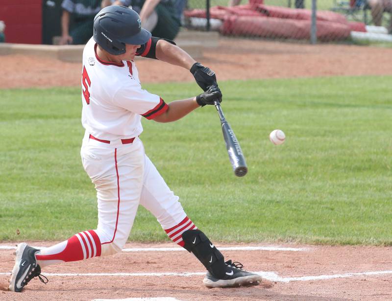 Streator's Adam Williamson smacks a hit during the Class 3A Sectional semifinal game against Richwoods on Wednesday, May 31, 2023 at Metamora High School.