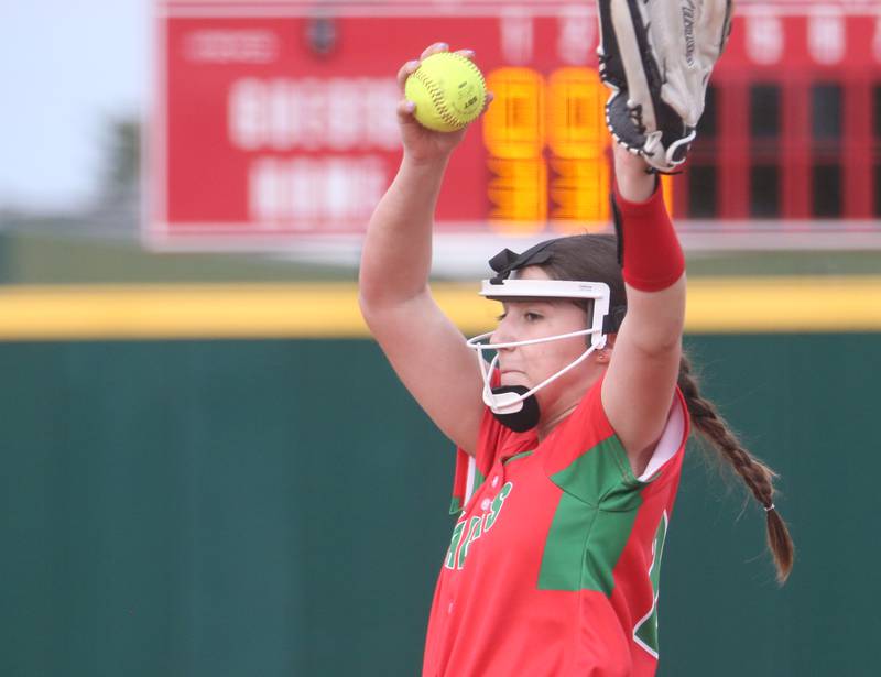 L-P pitcher Bri Ruppert fires a pitch to Rochelle on Wednesday, April 10, 2024 at the L-P Athletic Complex in La Salle.