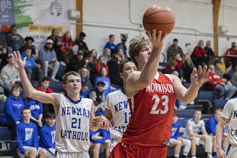 Morrison’s Carson Starting goes to the hoop against Newman Wednesday, Jan. 3, 2024 at Newman High School.