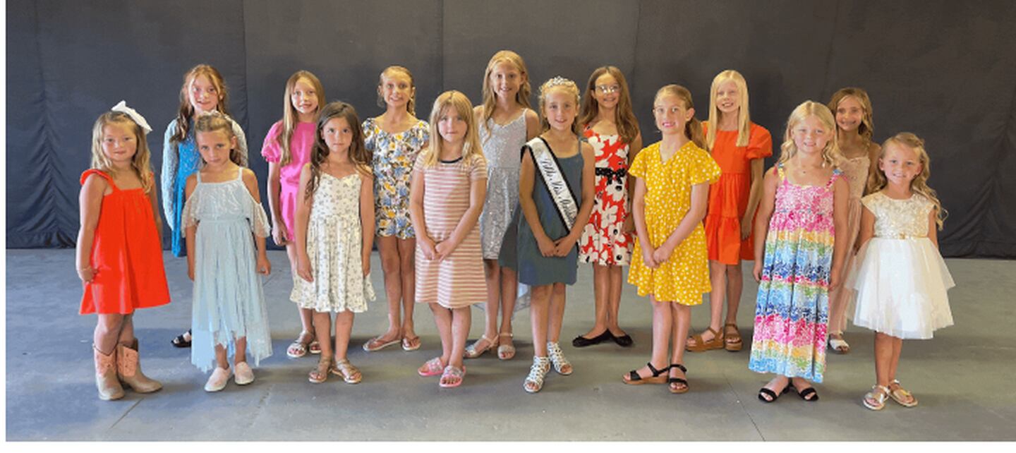 (From left) Renlee Benz, Bentley Maggi, Rylie Konczsak, Stella Zack, 2023 Little Miss Olivia Eravsek, Hazel Demerly, Lydia Rose Siegmann, Kezie Kolb, (back) Penelope Boyer, Presley Scaggs, Sophie Demerly, Payton Newell, Penelope Kirbach, Sutter Dever and Kameron Kolb Not pictured are Avery Kelly, Hazel Kelly, Cooper Martin and Astrid Thompson.