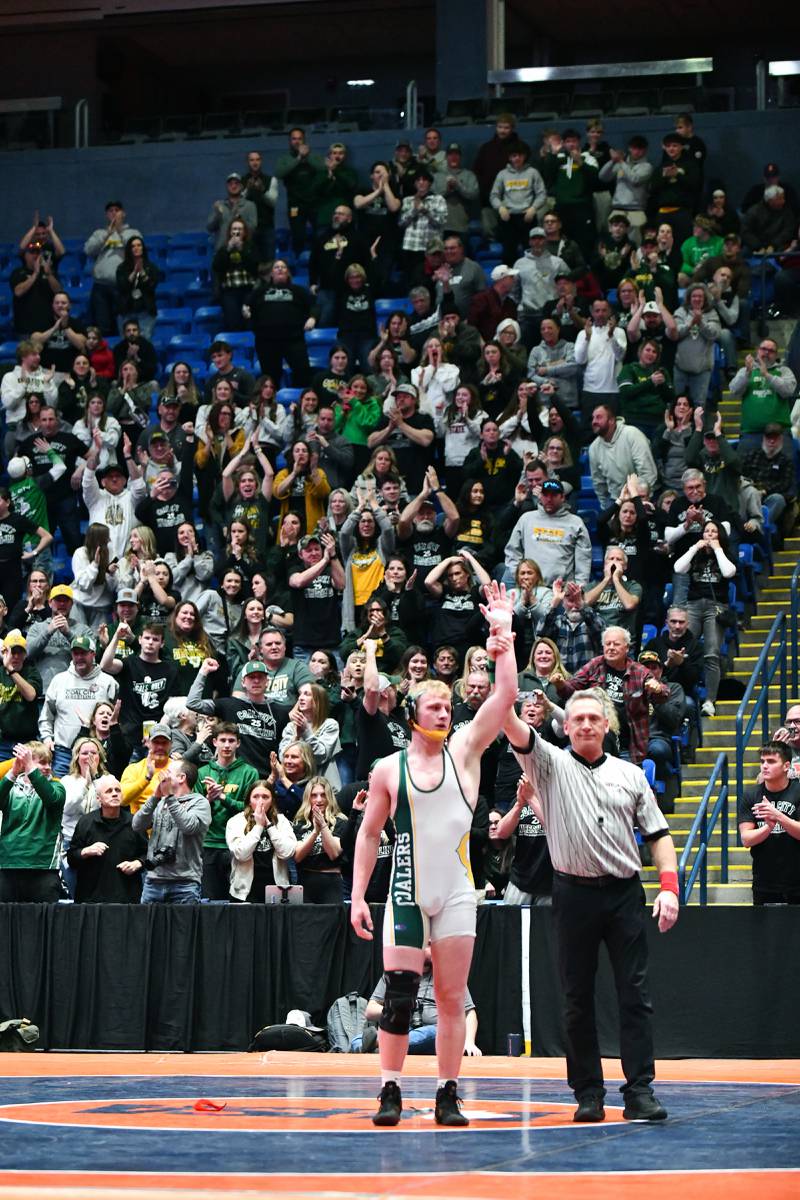 Cade Poyner of Coal City earns the 190-pound match victory over Ross Miller of Vandalia during the IHSA Dual Team State Finals in Bloomington on Saturday, March 1.