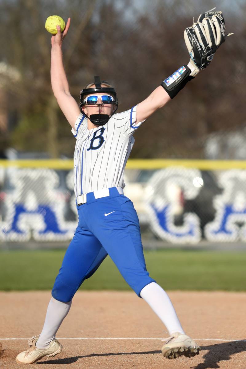 Milford-Cissna Park's Kami Muehling throws a pitch during a home game against Oakwood Wednesday, April 16, 2025.