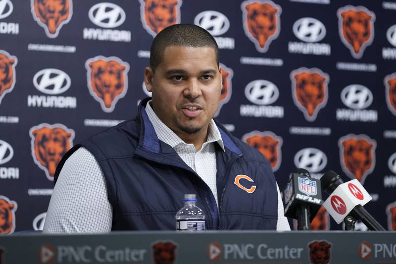 Chicago Bears general manager Ryan Poles speaks during a news conference, Thursday, March 16, 2023, at Halas Hall in Lake Forest.