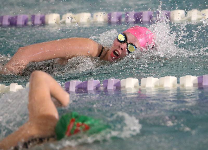 Morris's Ella Mailhiot competes in the 100 yard freestyle on Tuesday, Oct. 8, 2024 at the Illinois Valley YMCA in Peru.