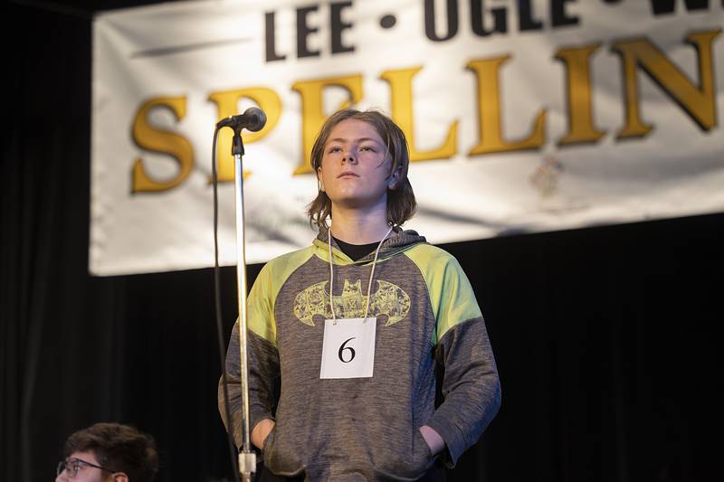 Isaac Sterling of Prophetstown-Lyndon-Tampico Middle School competes Thursday, Feb. 19, 2026, during the Lee-Ogle-Whiteside County Regional Spelling Bee. Sterling missed in round 6 on the word effusive.