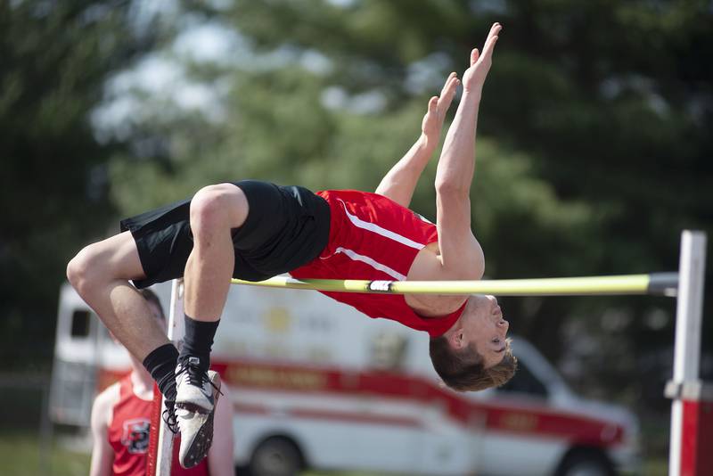 Amboy's Ed Fry clears the bar in the high jump at the class 1A Erie track sectionals on Thursday, May 19, 2022.