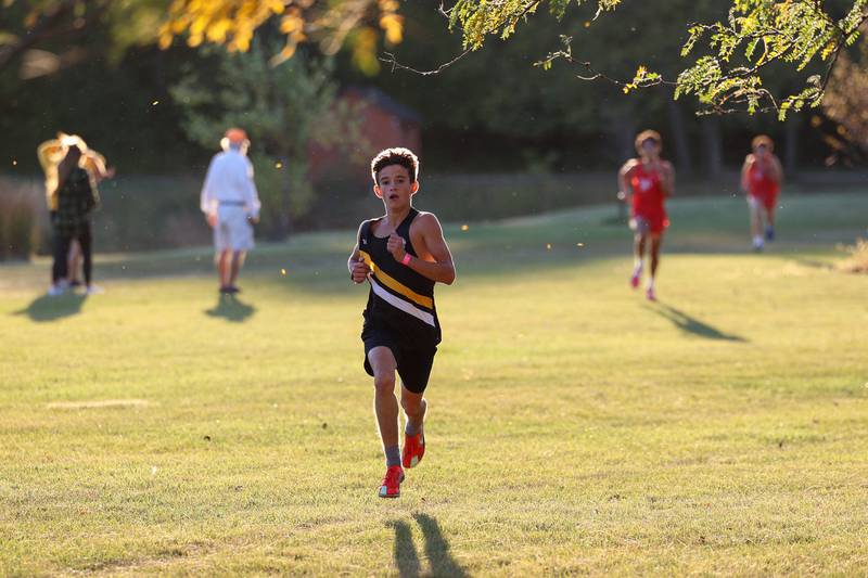Herscher's Evan Benoit nears the finish line in third place in the boys 3-mile race during All-Area Cross Country meet on Wednesday, Oct. 8, 2025, at Kankakee Community College.