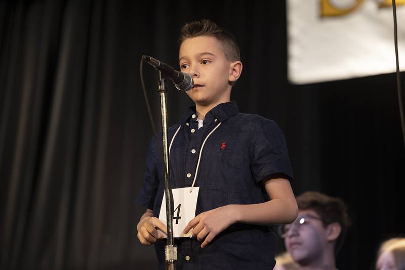 Alim Redzepi of Washington Elementary School competes Thursday, Feb. 19, 2026, during the Lee-Ogle-Whiteside County Regional Spelling Bee. Redzepi missed in round 7 on the word congeniality.