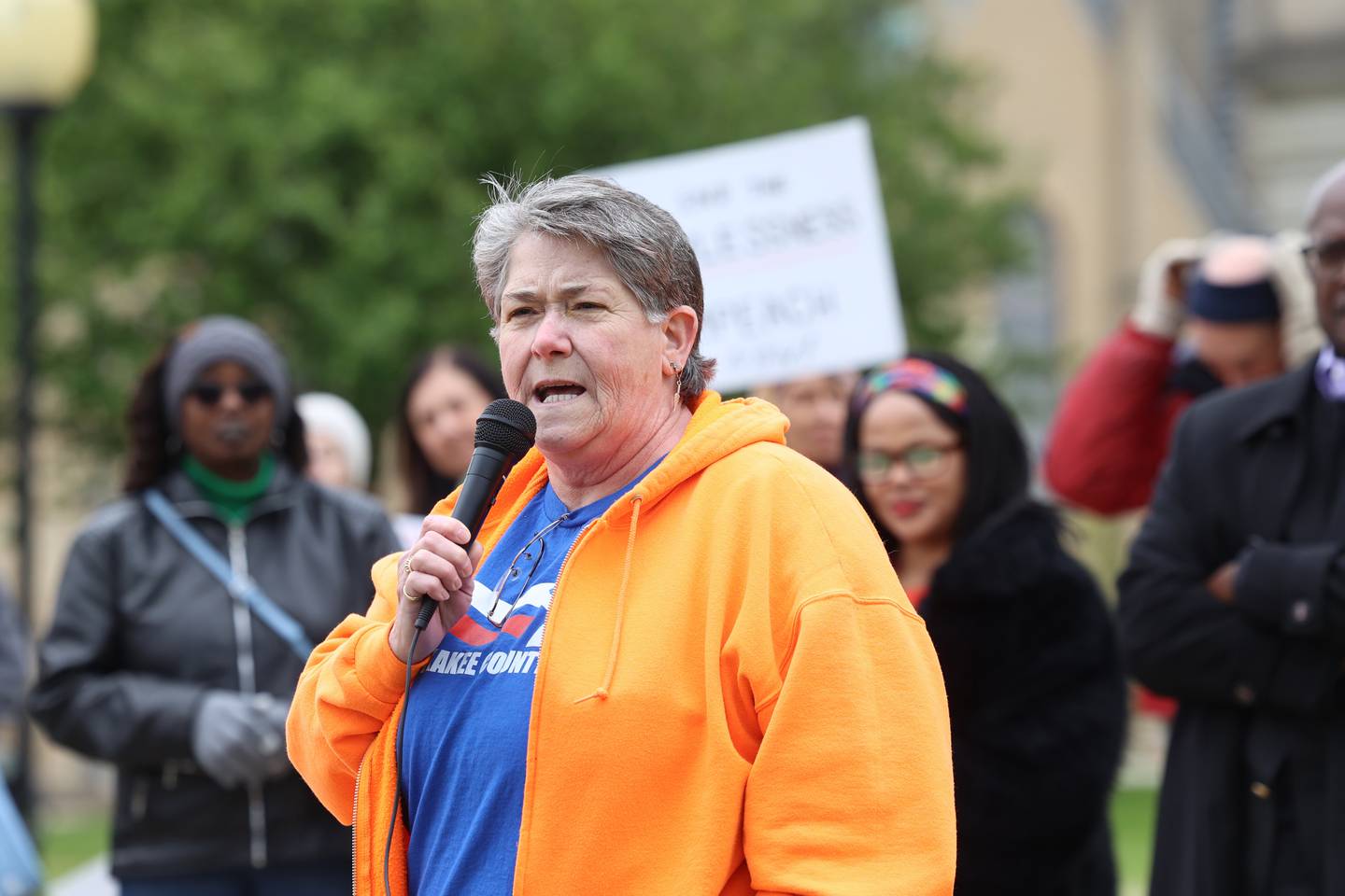 Dawn Tutt, of Kankakee, speaks during the May Day Strong rally at the Kankakee County Courthouse on May 1, 2026, as part of a national day of action.
