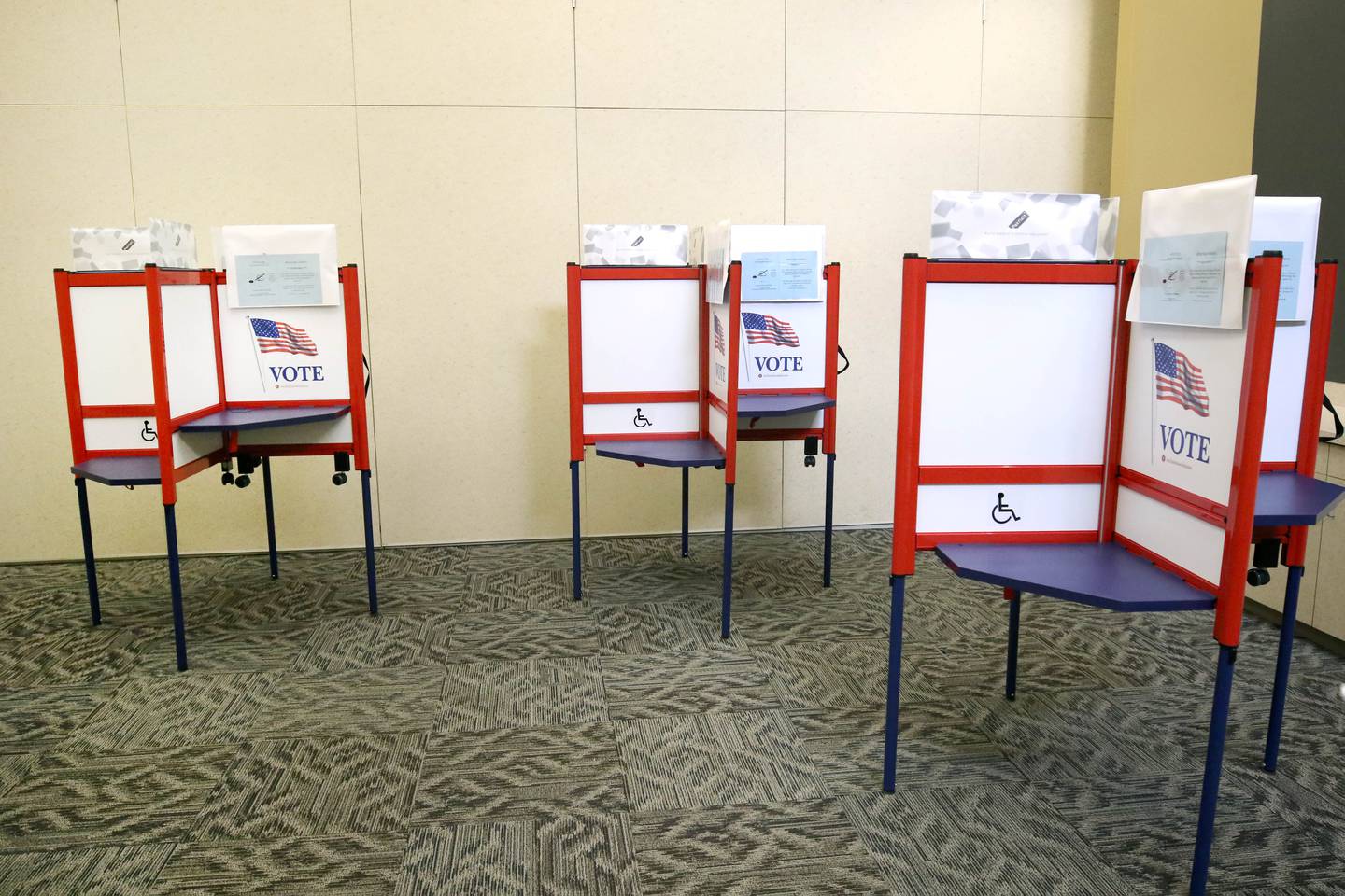 New voting booths are ready on the first day of early voting Thursday, May 19, 2022, at the polling place in the DeKalb County Legislative Center in Sycamore. Any registered voter in DeKalb County may choose to vote early, in person or through the mail, ahead of the June 28 primary election.