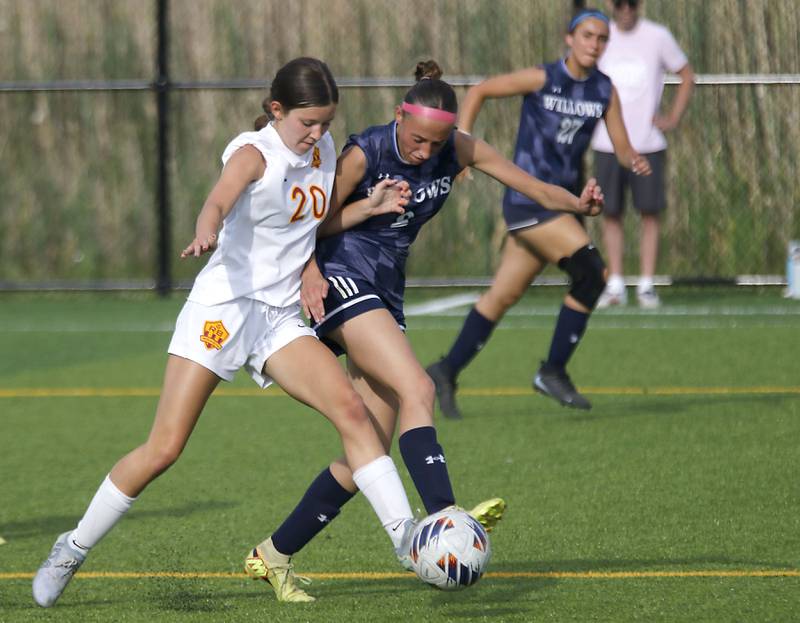 Richmond-Burton's Ella Seyller battles with Willows Academy's Kamila Mikula during an IHSA Class 1A Cristo Rey St. Martin Sectional semifinal girls soccer match on Tuesday, May 26, 2026 at Cristo Rey St. Martin College Prep, in Waukegan.