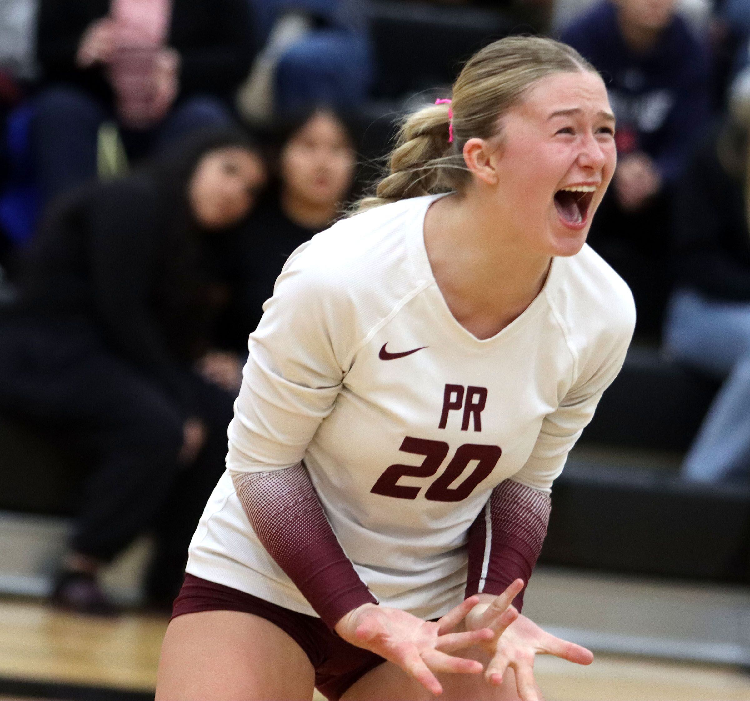 Prairie Ridge’s Ava Bell celebrates a point against St. Viator in IHSA Class 3A Super-Sectional girls volleyball at Streamwood High School in Streamwood on Monday, November 10, 2025.
