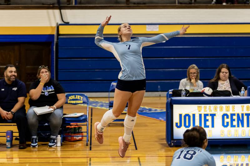 Plainfield South's Leah Oehmke gets some air during a varsity volleyball away game against Joliet Central on Sept. 18, 2025.