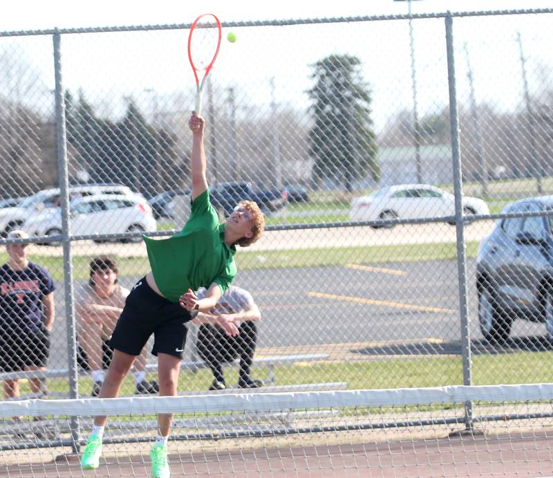 L-P's Andrew Bollis serves the ball against Ottawa on Tuesday, April 11, 2023 at the L-P Athletic Complex in La Salle.