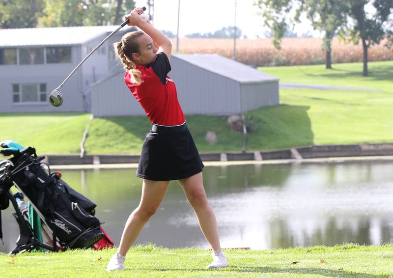 Earlville's Mya Ramey tees off during the Class 1A Regional golf meet on Thursday, Sept. 28, 2023 at Spring Creek Golf Course in Spring Valley.