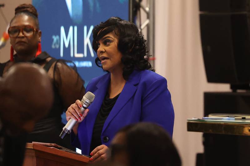 Laurie Veasy, of Numark Credit Union, speaks at the MLK Brunch & Celebration 2025 on Saturday, Jan 18, 2025 in Joliet.