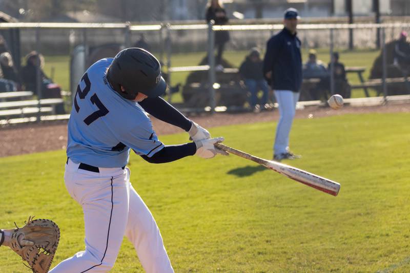 Bracin Patnoe (27) of Bureau Valley hits ball on Tuesday, April 8, 2025 at Putnam County High School in Granville.