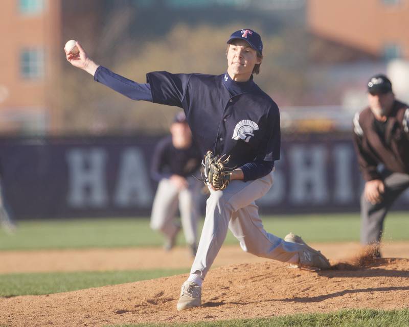 Cary Grove's Evan Frangiamore delivers a pitch against Hampshire on Wednesday, April24,2024 in Hampshire.