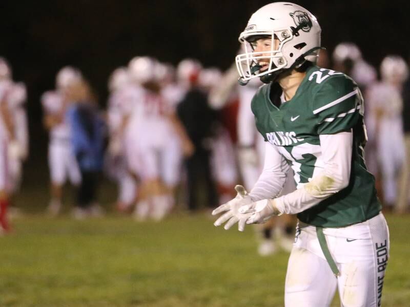 St. Bede's Ryan Nawa smiles after making an interception against Ottawa on Friday, Oct. 25, 2024 at St. Bede Academy.