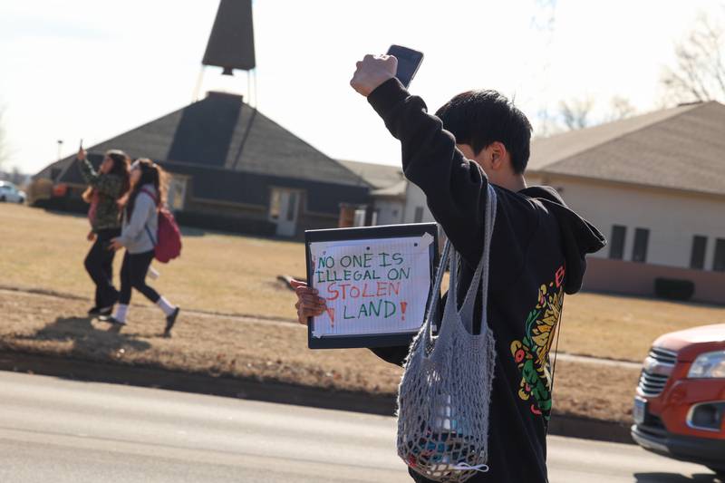 A Kankakee High School student participates in a walkout in protest of national immigration policies and Immigration and Customs Enforcement actions on Friday, Feb. 13, 2026.