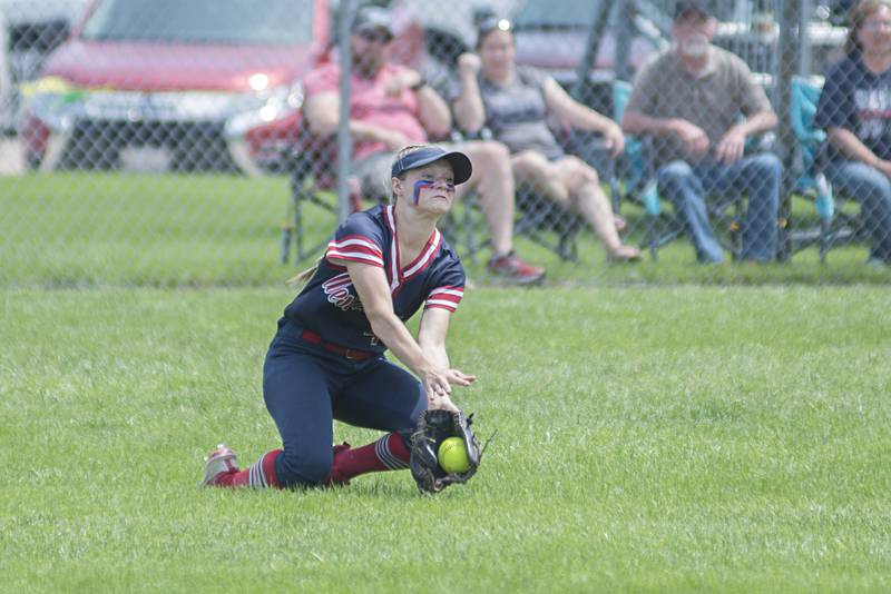 West Central’s Bailey Ryan makes a diving catch against Forreston Monday, May 30, 2022.