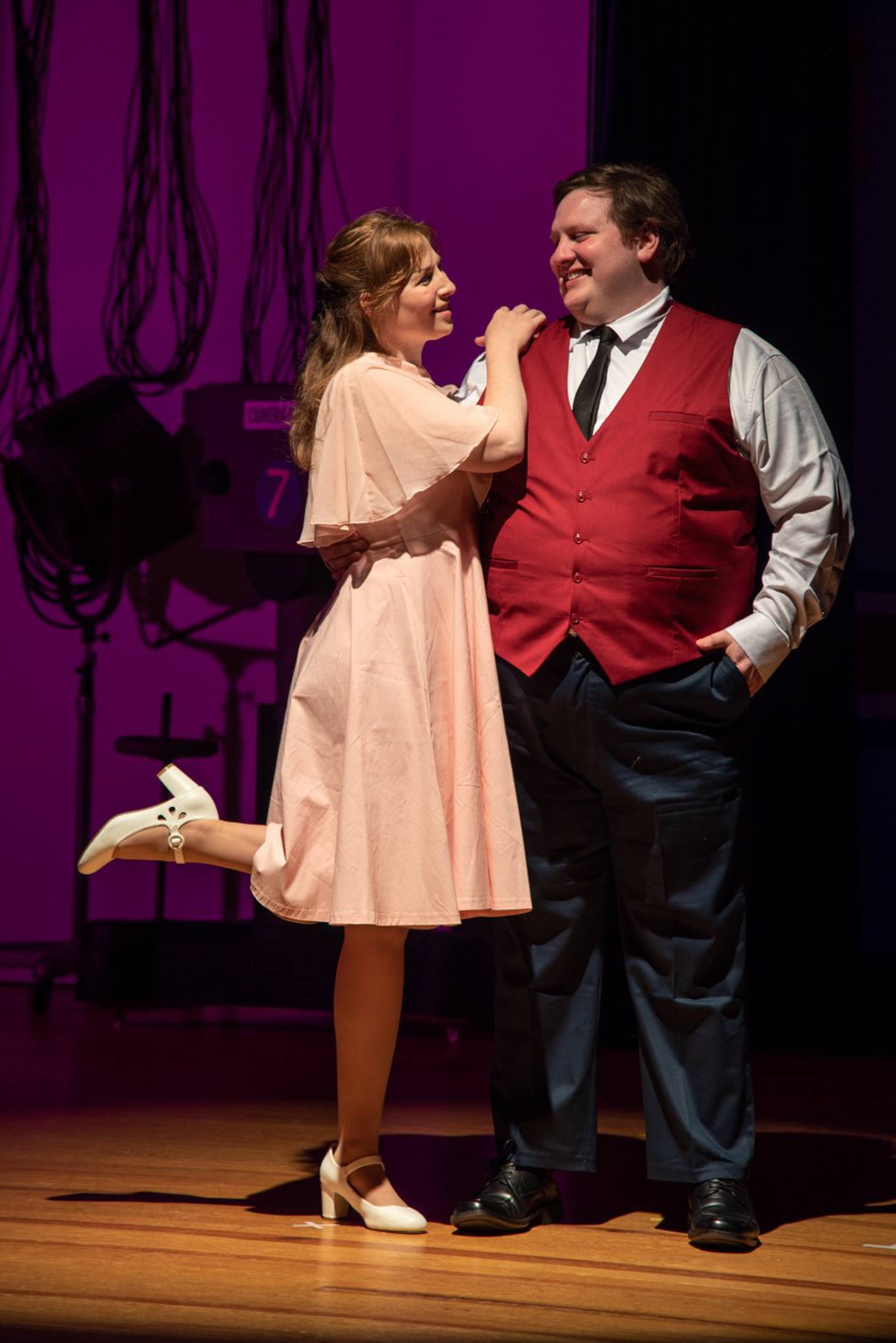 Trisha Bagby, as Brenda Strong, and Kevin J. Alleman, as Frank Abignale Jr., rehearse a scene of "Catch Me If You Can" at Engle Lane Theater in Streator.