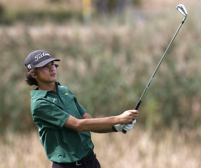 Crystal Lake South’s Jack Wilcox watches his tee shot on the seventh hole during the IHSA Class 2A Crystal Lake South Boys Golf Regional on Wednesday, Oct. 1, 2025 at RedTail Golf Club in Lakewood.