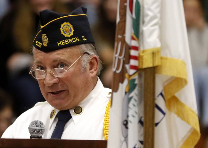 U.S. Army Retired Master Sgt. Johnny Eskridge speaks during the Veterans Day ceremony Wednesday, Nov.8, 2023, at Alden-Hebron High School in Hebron.