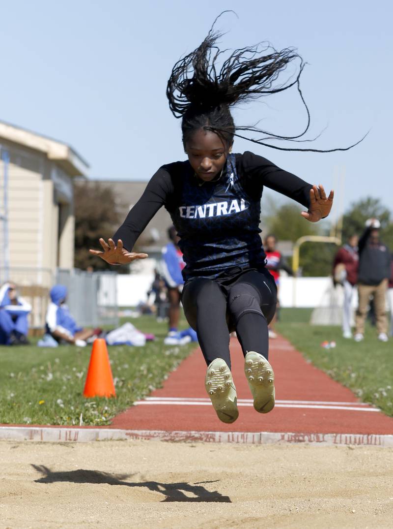 Burlington Central's LaRaiya Cunningham-Duncan long jumps on Thursday, May 8, 2025, during the Fox Valley Conference Girls Track and Field Meet at Huntley High School.