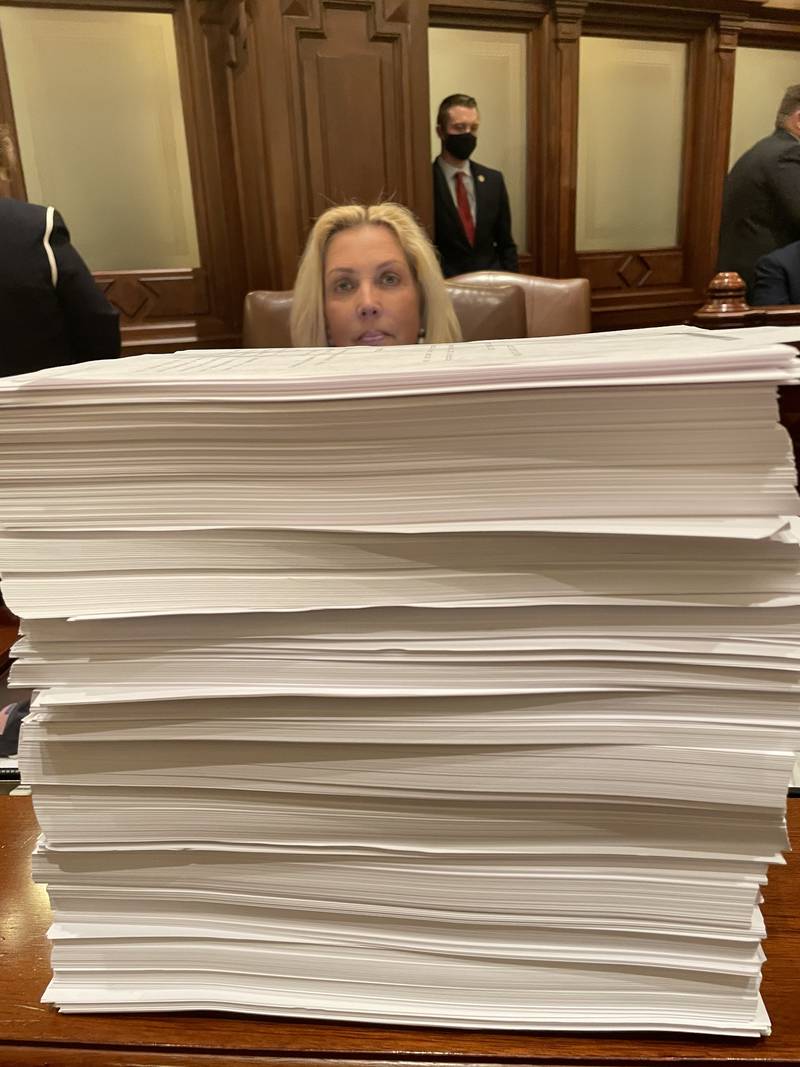 State. Sen. Sue Rezin tweeted this photo before the Senate voted on the state budget. She wrote: "This is what $42B in spending looks like. It’s after 1:00 a.m. and we are starting to debate the IL budget."