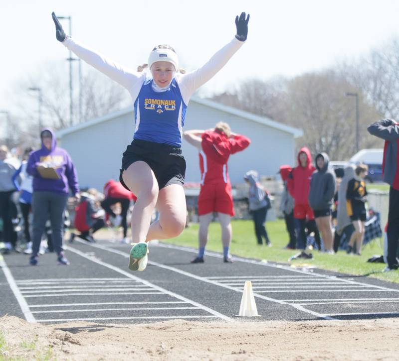 Somonauk's Regan Grandgeorge does the long jump during the Rollie Morris Invite on Saturday, April 16, 2022 at Hall High School in Spring Valley.