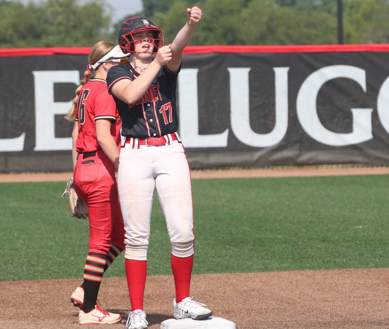 Benet Academy's Bridget Champman reacts after hitting a double against Charleston during the Class 3A State third place game on Saturday, June 10, 2023 at the Louisville Slugger Sports Complex in Peoria.