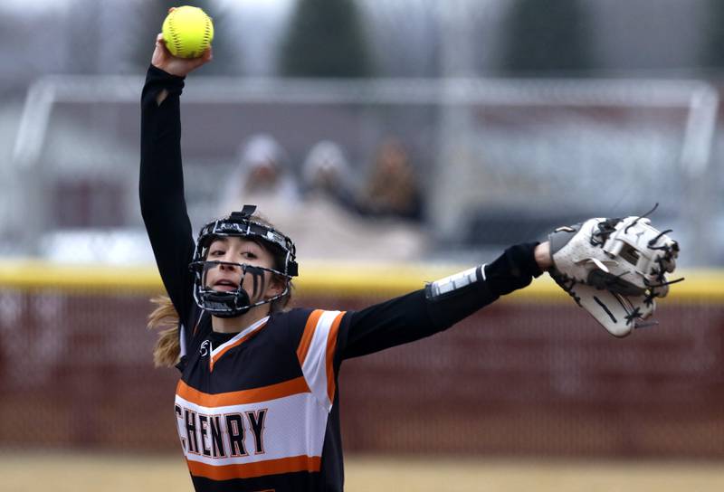 McHenry’s Channing Keppy throws a pitch during a non-conference softball game Tuesday March 22, 2022, between Richmond-Burton and McHenry at Richmond-Burton High School.