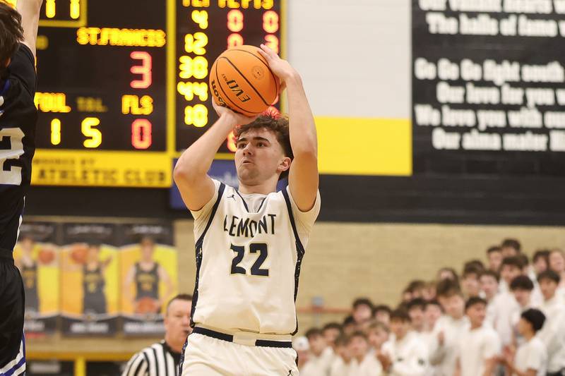 Lemont’s Zane Schneider puts up a 3-point shot against St. Francis in the Class 3A Hinsdale South Regional semifinal game on Tuesday, March 3, 2026 in Darien.
