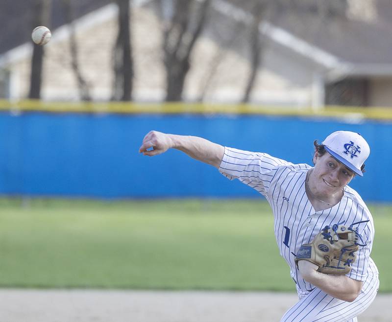 Newman’s Garret Matznick fires a pitch against Eastland Wednesday, April 15, 2026.