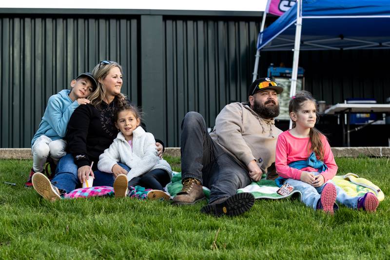 Oswego residents Zak Distel, Ashley Distel, Skylar Distel, Justin Tallman, and Harper Tallman enjoy a beautiful evening at Duly Health And Care Field during the home opener of the Joliet Slammers on Friday, May 8, 2026.