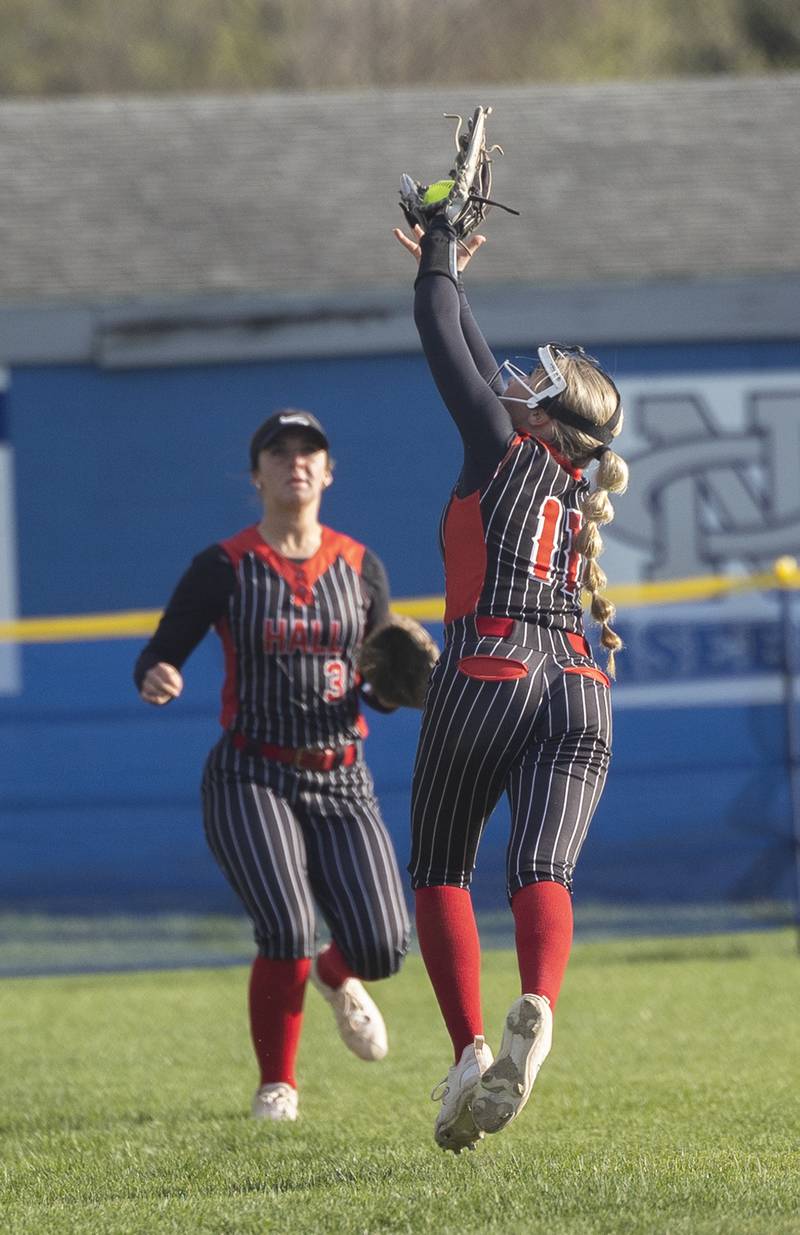 Hall’s Charlie Pellegrini hauls in a catch for an out against Newman Monday, April, 21, 2025.