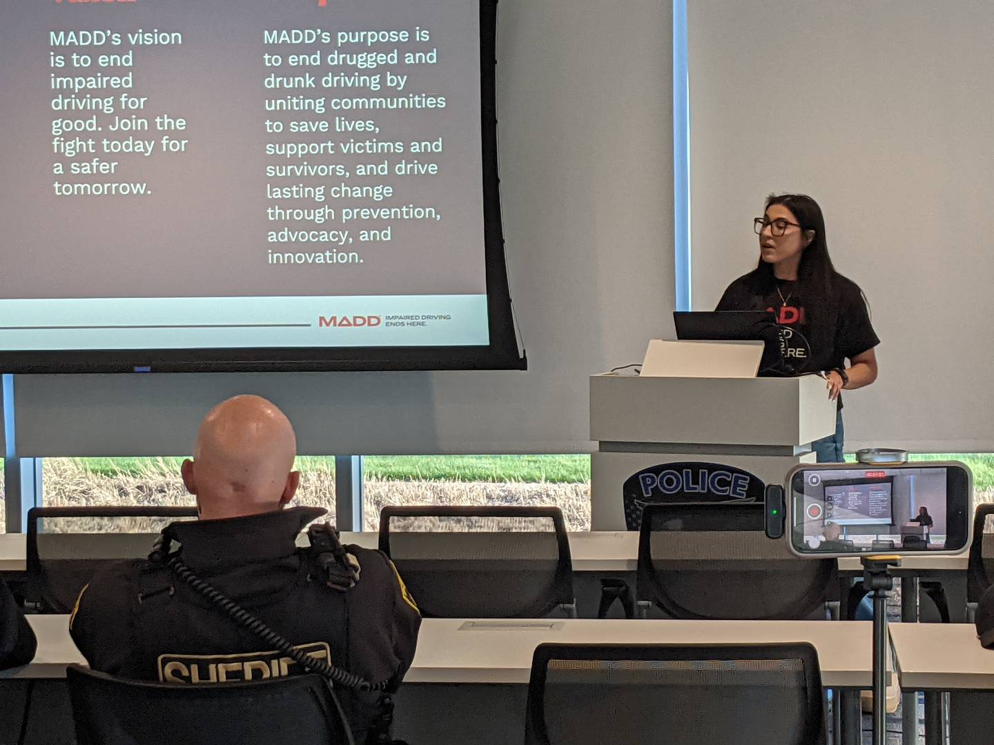 Cecilia Miglio, court monitoring manager for the MADD organization in Illinois, speaks to law enforcement officers at the Oswego Police Station on April 18, 2026.